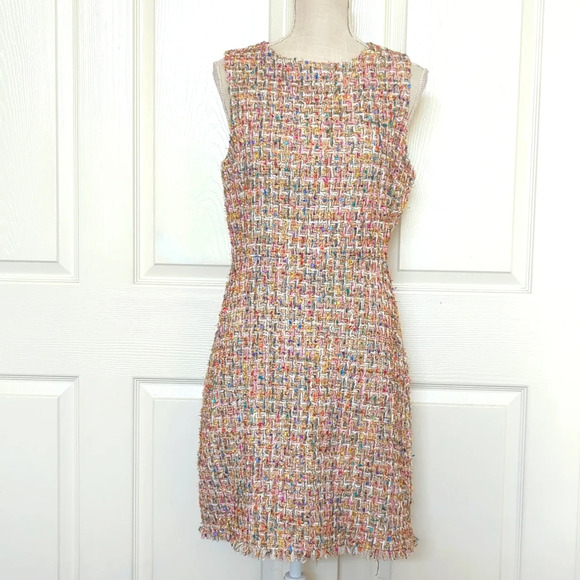 Alexia Admor Textured Multicolor Metallic Tweed Fringe Hem Sheath Dress - Picture 2 of 8